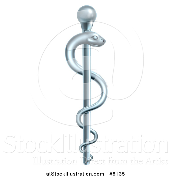 Vector Illustration of a 3d Silver Metal Medical Rod of Asclepius with a Snake