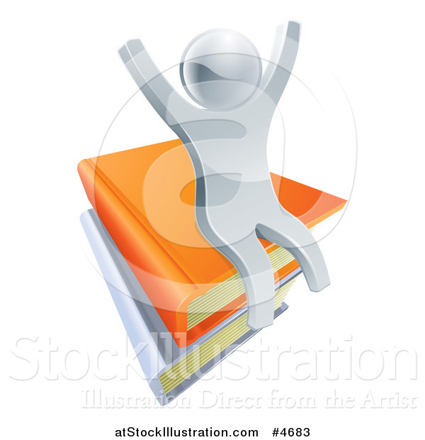 Vector Illustration of a 3d Silver Person Cheering and Sitting on a Stack of Books