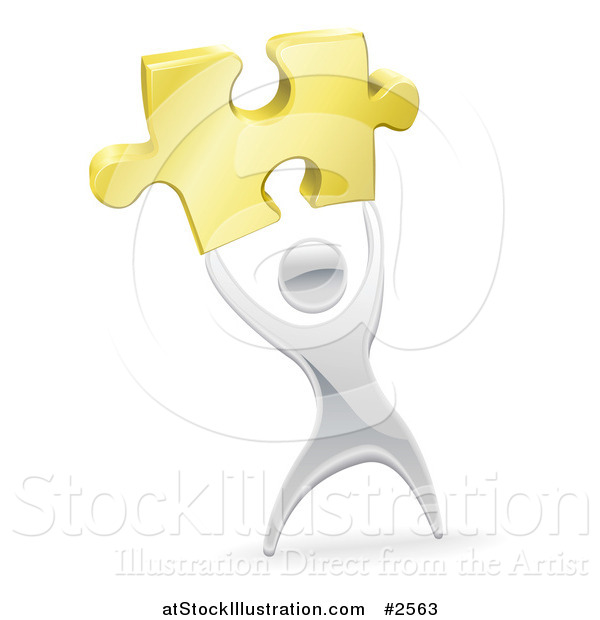 Vector Illustration of a 3d Silver Person Holding up a Gold Puzzle Piece
