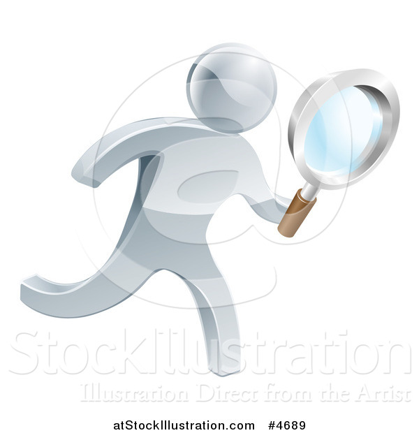 Vector Illustration of a 3d Silver Person Searching with a Magnifying Glass
