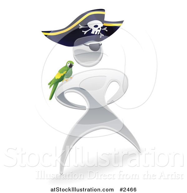 Vector Illustration of a 3d Silver Pirate Man with a Parrot