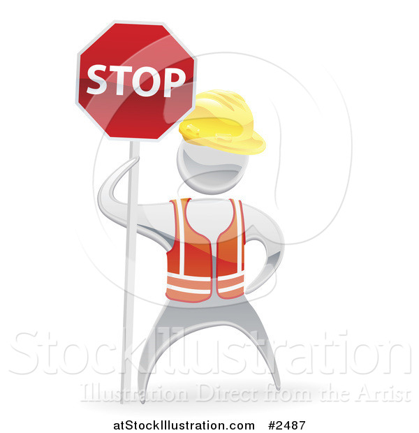 Vector Illustration of a 3d Silver Road Construction Worker Holding a Stop Sign