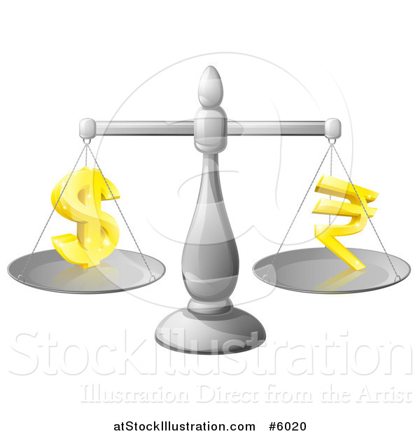 Vector Illustration of a 3d Silver Scale Comparing Dollar and Rupee Symbols