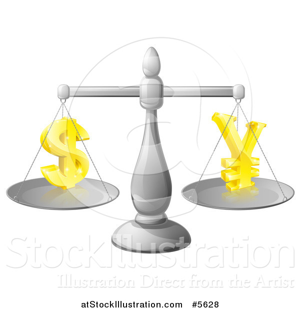 Vector Illustration of a 3d Silver Scale Comparing Dollar and Yen Symbols