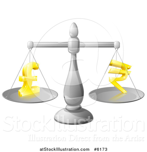 Vector Illustration of a 3d Silver Scale Comparing Pound and Rupee Symbols