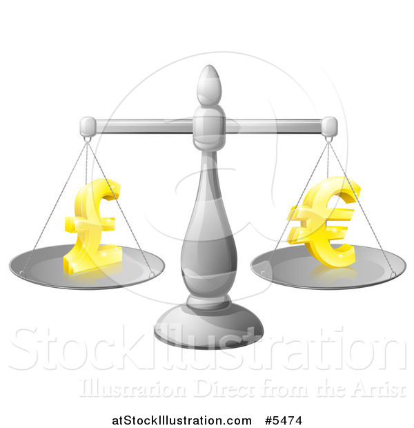 Vector Illustration of a 3d Silver Scale Weighing Golden Pound and Euro Symbols