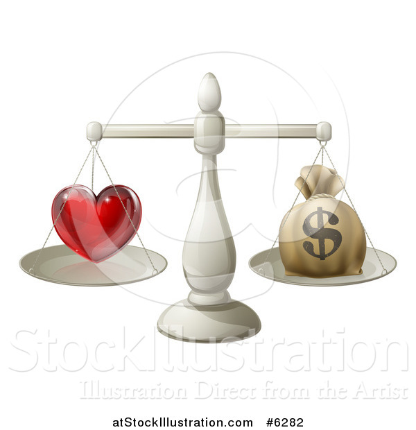 Vector Illustration of a 3d Silver Scale Weighing Love and a Money Bag