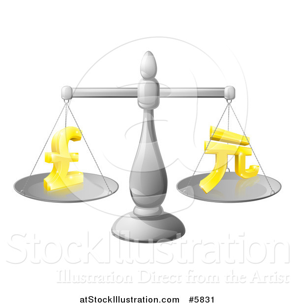 Vector Illustration of a 3d Silver Scale with Balanced Gold Pound and Yuan Currency Symbols