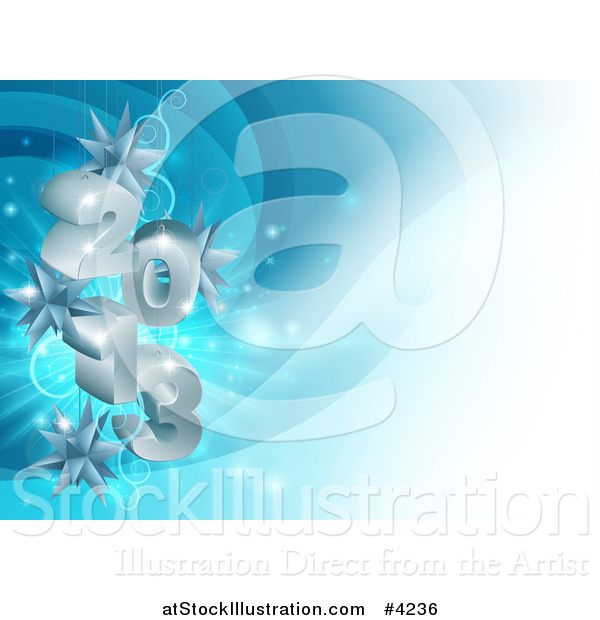 Vector Illustration of a 3d Silver Year 2013 with Christmas Star Ornaments over Blue