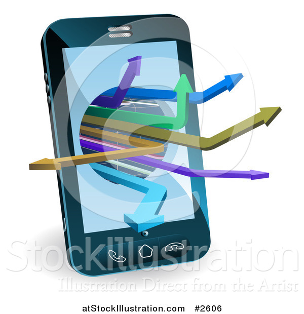 Vector Illustration of a 3d Smart Cell Phone with Arrows Emerging