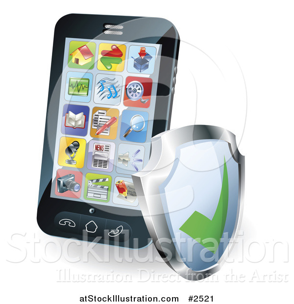 Vector Illustration of a 3d Smart Phone with Apps and a Shield