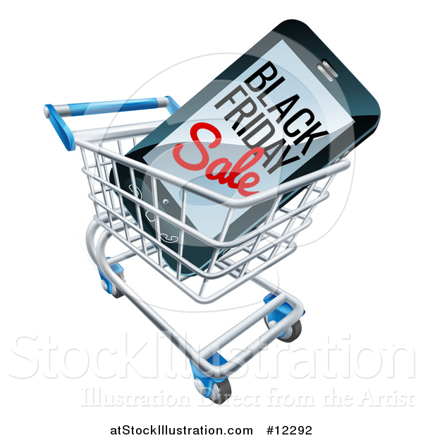 Vector Illustration of a 3d Smart Phone with Black Friday Sale Text on the Screen in a Shopping Cart