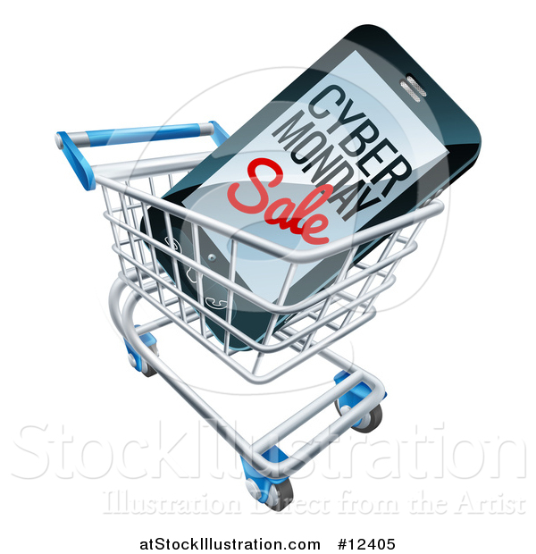 Vector Illustration of a 3d Smart Phone with Cyber Monday Sale Text on the Screen in a Shopping Cart