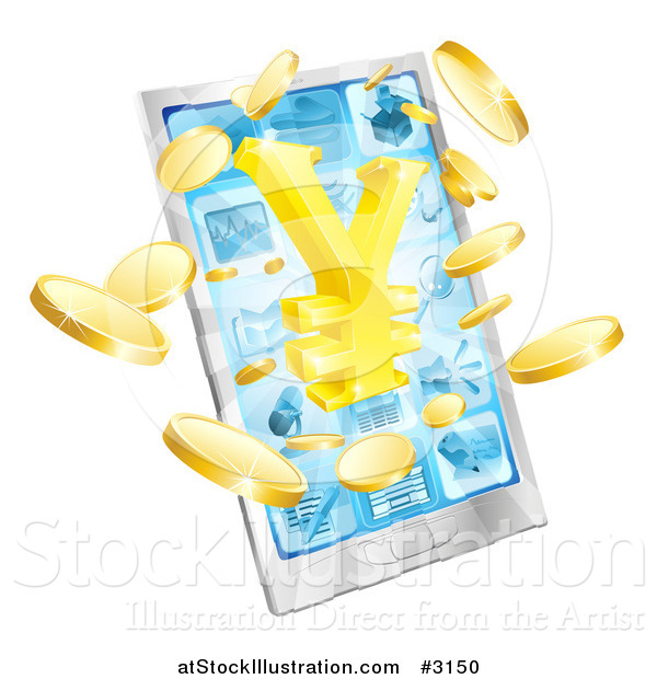 Vector Illustration of a 3d Smart Phone with Gold Coins and a Yen Symbol Bursting from the Screen