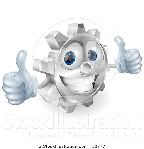 Vector Illustration of a 3d Smiling Gear Cog Holding Two Thumbs up
