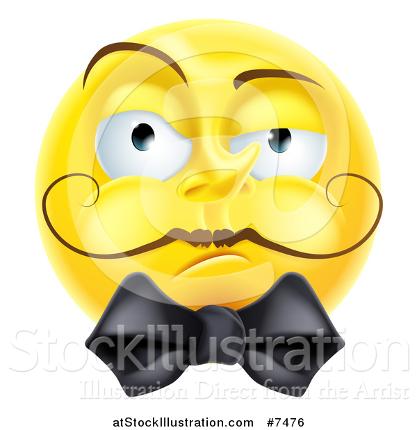 Vector Illustration of a 3d Snooty Yellow Smiley Emoji Emoticon Face with a Mustache and Bow