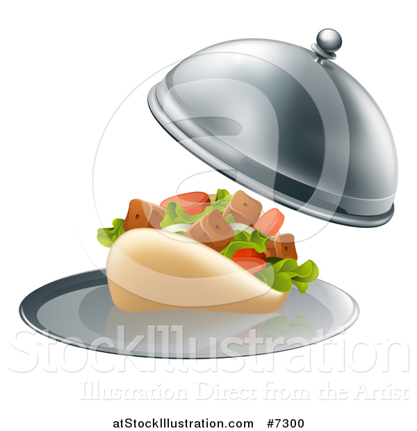 Vector Illustration of a 3d Souvlaki Kebab Sandwich Being Served in a Cloche Platter