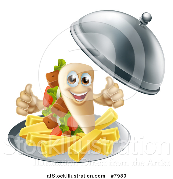 Vector Illustration of a 3d Souvlaki Kebab Sandwich Character and French Fries Being Served in a Cloche Platter