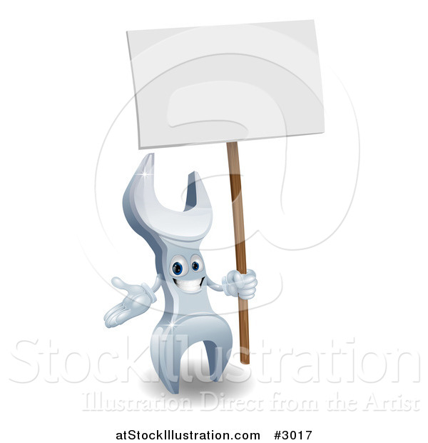 Vector Illustration of a 3d Spanner Wrench Character with a Sign