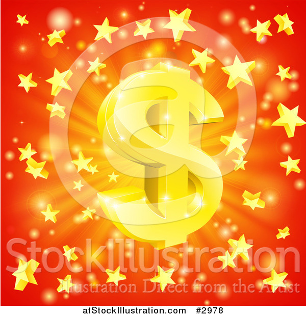 Vector Illustration of a 3d Sparkling Gold Dollar Symbol and Star Burst over Red