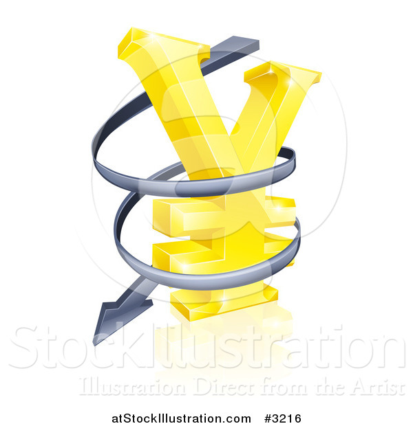 Vector Illustration of a 3d Spiraling Arrow Around a Golden Yen Currency Symbol