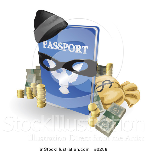 Vector Illustration of a 3d Stolen Passport with Money a Mask and Hat