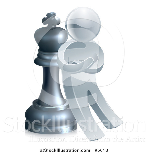 Vector Illustration of a 3d Strategic Silver Man Leaning Against a King Chess Piece