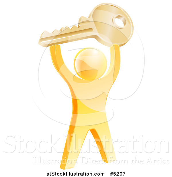 Vector Illustration of a 3d Successful Gold Man Holding up a House Key