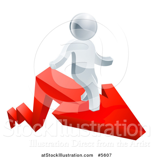 Vector Illustration of a 3d Successful Silver Man Standing on a Red Arrow