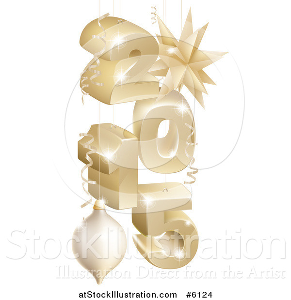 Vector Illustration of a 3d Suspended Gold 2014 New Year Numbers with Ornaments and Ribbons