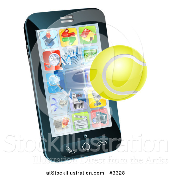 Vector Illustration of a 3d Tennis Ball Flying Through and Breaking a Cell Phone Screen