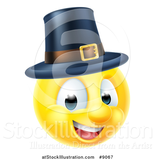 Vector Illustration of a 3d Thanksgiving Pilgrim Yellow Smiley Emoji Emoticon Face Wearing a Hat