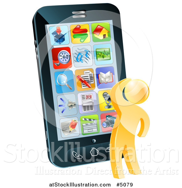 Vector Illustration of a 3d Thinking Gold Man Looking over Apps on a Cell Phone