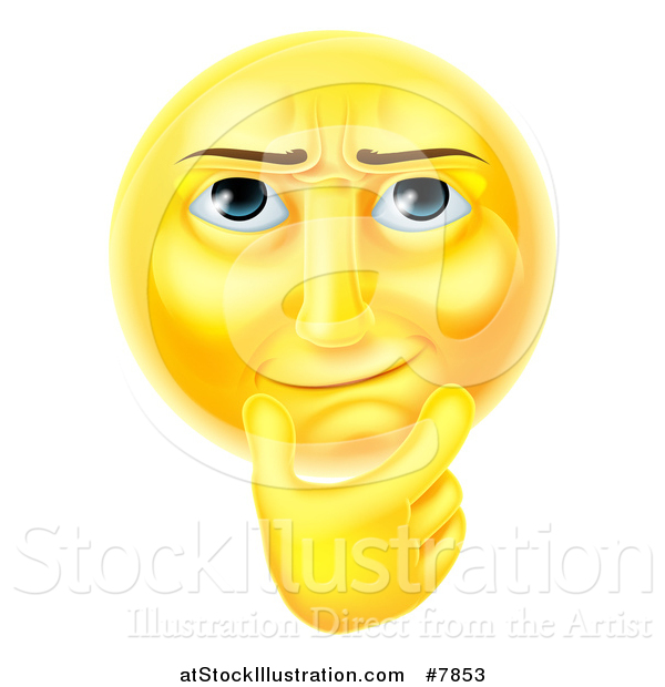Vector Illustration of a 3d Thinking Yellow Male Smiley Emoji Emoticon Face Touching His Chin