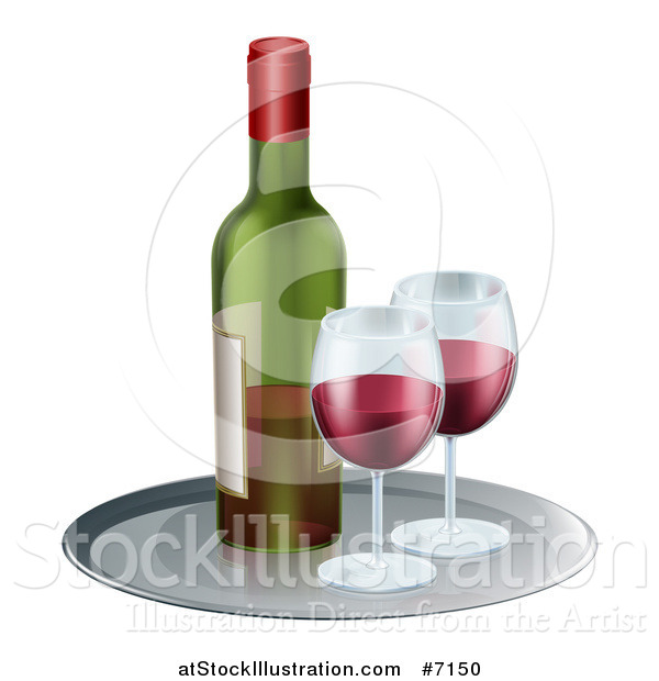 Vector Illustration of a 3d Tray with Glasses of Red Wine and a Bottle
