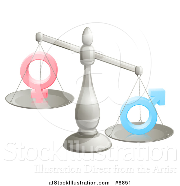 Vector Illustration of a 3d Unbalanced Silver Scale Weighing Gender Inequality Symbols