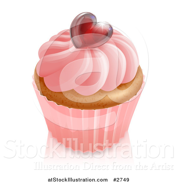 Vector Illustration of a 3d Vanilla Cupcake with Pink Frosting and a Shiny Red Heart