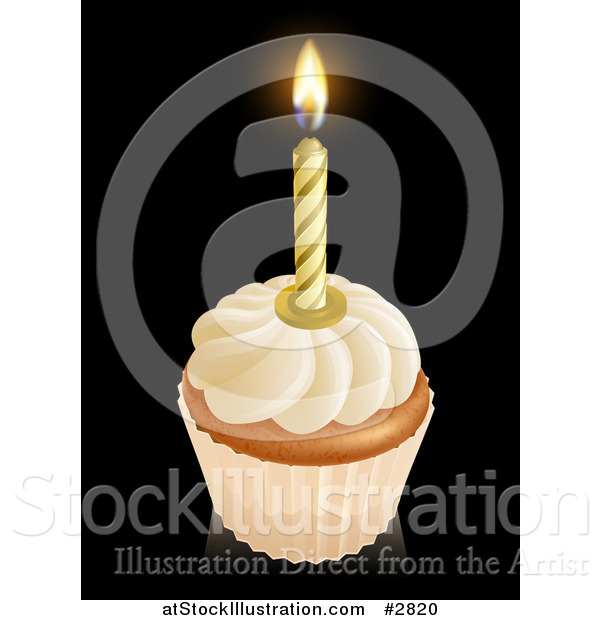 Vector Illustration of a 3d Vanilla Frosted Birthday Cupcake with a Lit Candle
