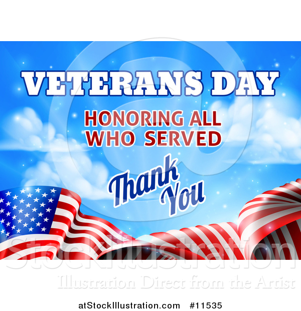 Vector Illustration of a 3d Waving American Flag with Veterans Day Honoring All Who Served Thank You Text and Blue Sky