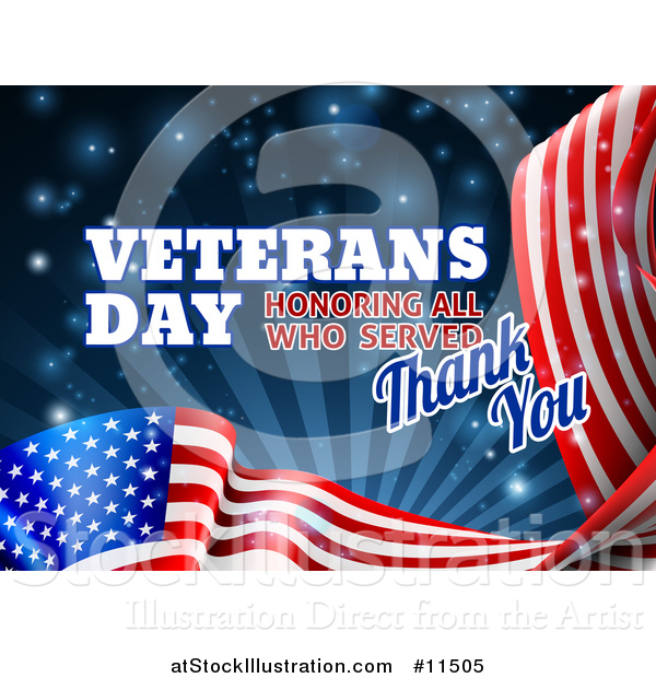 Vector Illustration of a 3d Waving American Flag with Veterans Day Honoring All Who Served Thank You Text and Blue Sparkles and Rays