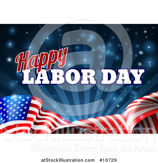 Vector Illustration of a 3d Waving Long American Flag with Rays and Flares Under Happy Labor Day Text