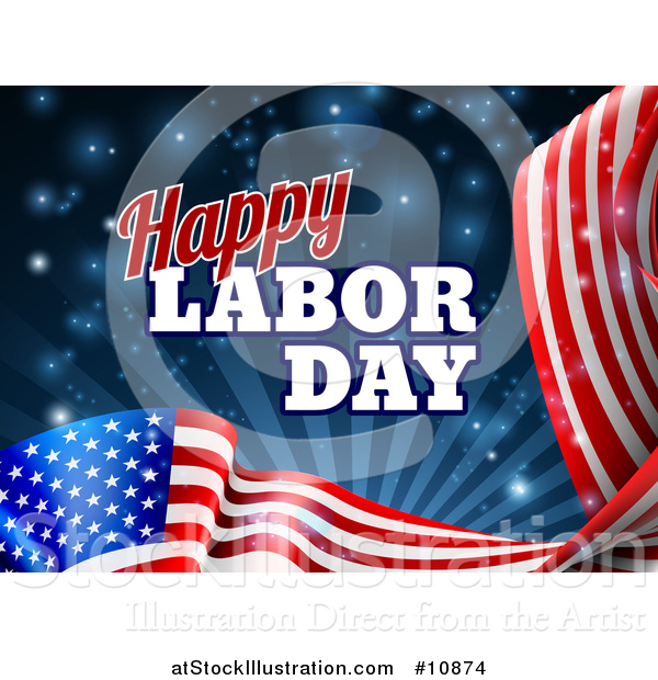 Vector Illustration of a 3d Waving Long American Flag with Rays and Flares Under Happy Labor Day Text