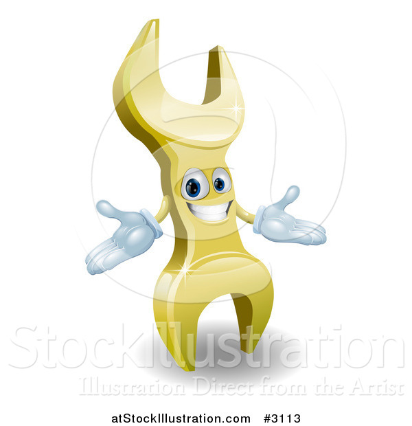 Vector Illustration of a 3d Welcoming Golden Wrench Character