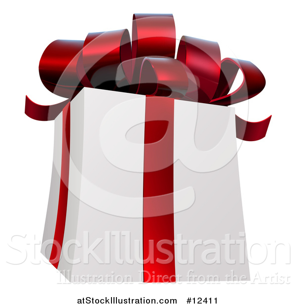 Vector Illustration of a 3d White Christmas Gift Present with a Red Bow and Ribbons