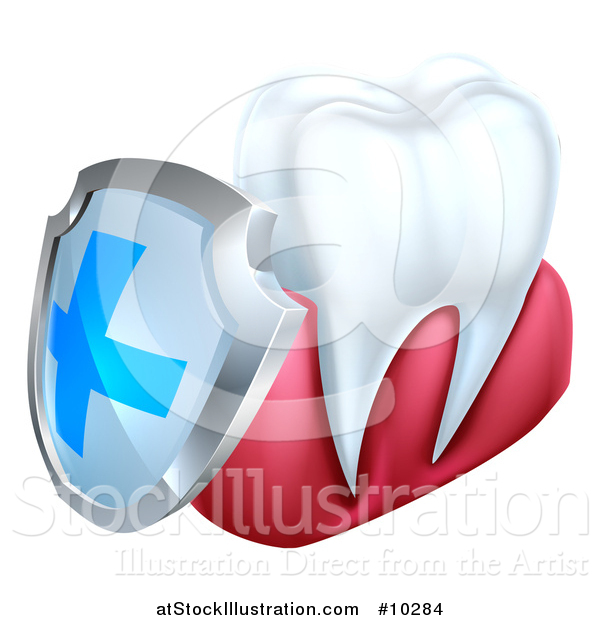 Vector Illustration of a 3d White Tooth and Gums with a Blue and Silver Protective Dental Shield