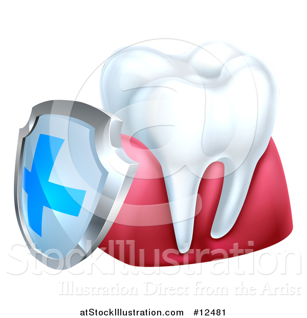 Vector Illustration of a 3d White Tooth and Gums with a Blue and Silver Protective Dental Shield