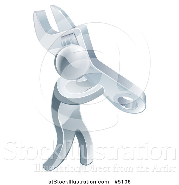 Vector Illustration of a 3d Worker Silver Man Carrying a Giant Adjustable Wrench