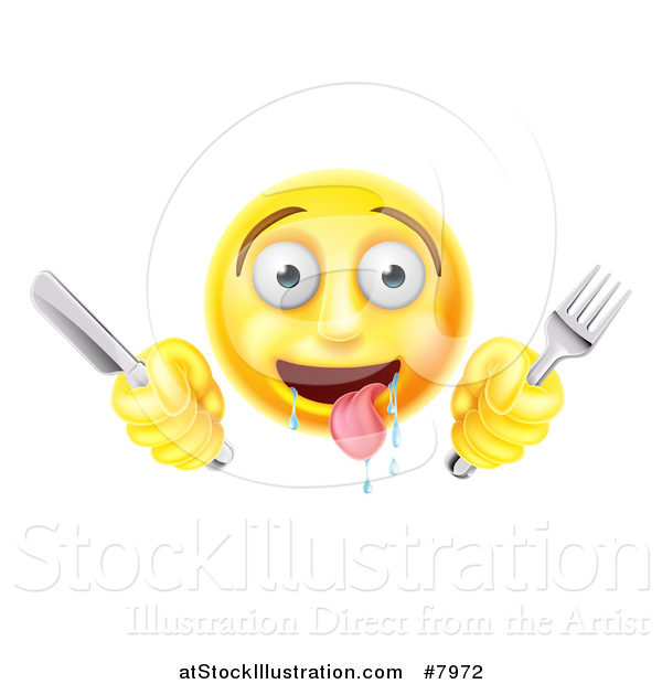 Vector Illustration of a 3d Yellow Hungry Male Smiley Emoji Emoticon Holding a Knife and Fork
