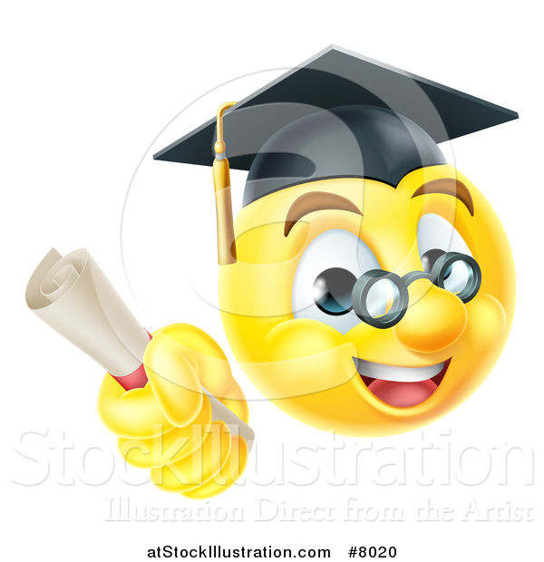 Vector Illustration of a 3d Yellow Male Smiley Emoji Emoticon Graduate Holding a Diploma