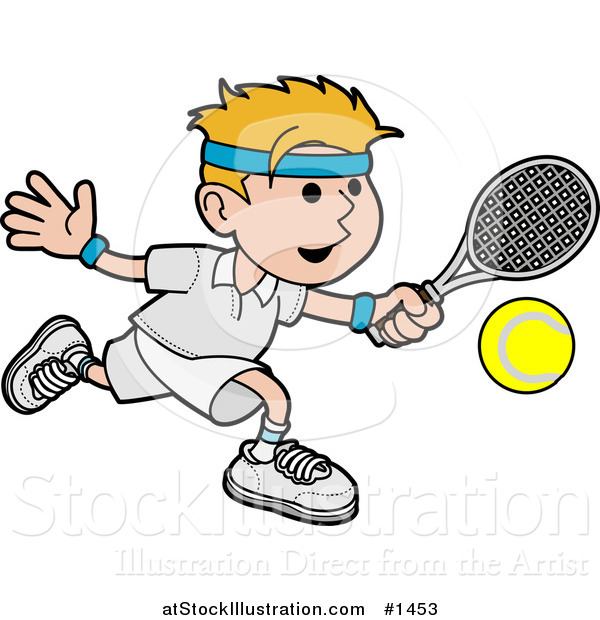 Vector Illustration of a Athletic Blond Man Running After a Tennis Ball During a Game on the Court